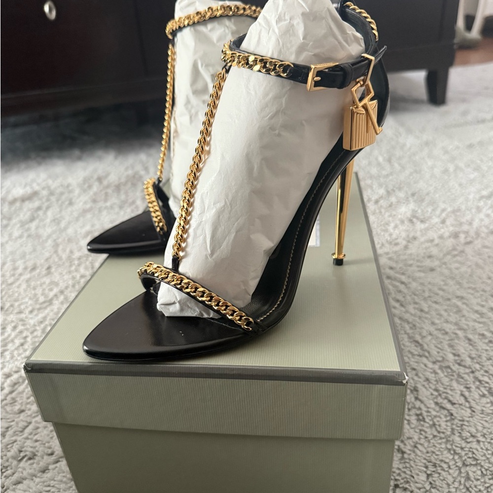 Tom Ford Black Heels with Gold Chain Detail